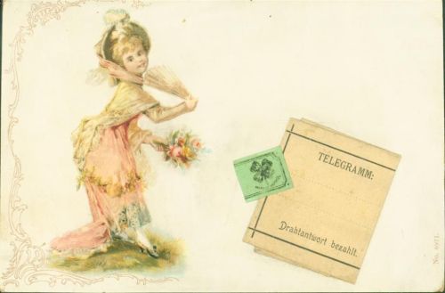 Aufgeklebtes auffaltbares Telegramm Frau Mode Hutmode Lithographie