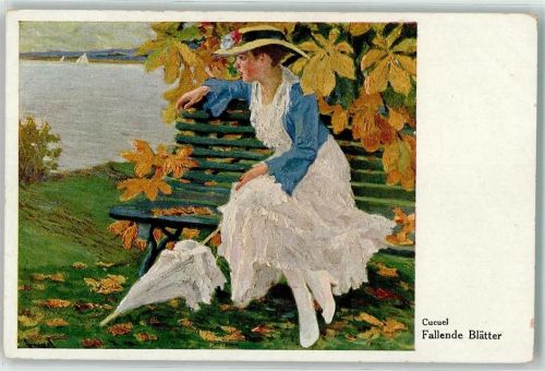Galerie Münchner Meister Nr. 594 Herbst fallende Blätter , Frau mit einem Sonnenschirm