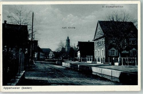 Appenweier Kath. Kirche St. Elisabethen-Haus Bahnpoststempel Karlsruhe-