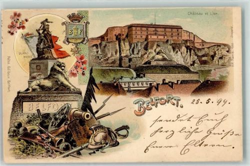 Belfort 1899 Chateau et Lion Quand Meme Wappen Geschütz Trompete Säbel Helm