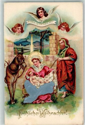 1900 Tuch des Christkindes mit echter Stoff Applikation, Engelköpfe Esel Weihnachten AK