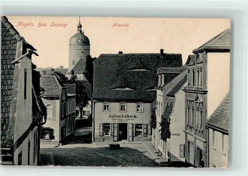 Mügeln 1915 Altmarkt mit Schloss Ruhetal Geschäft Julius Lübeck