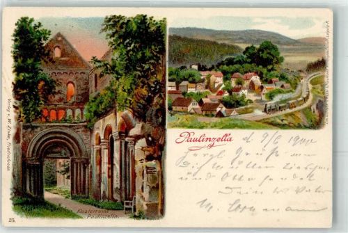 07422 O6821 Paulinzella 1900 Lithographie Klosterruine Eisenbahn Lok