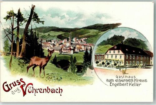 Vöhrenbach sign. Hirschmann Gasthaus zum eisernen Kreuz und ein Reh über dem Ort