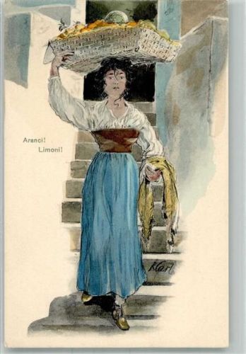 1900 - 1906 sign. R. Carl Aranci Limoni Beruf Verkäuferin Tracht Früchte auf dem Kopf tragen