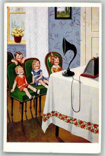 1927 Kinder hören aufmerksam zu. Röhrenradio + Elektrischer Lautsprecher