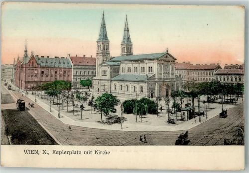1100 Wien 10. Bezirk, Favoriten Foto AK Kirche Keplerplatz Straßenbahn