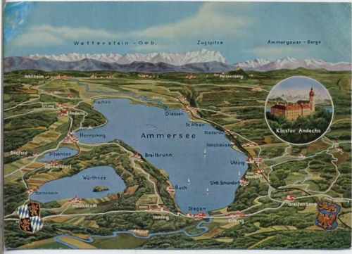 um 1980 Andechs, Kloster, Ammersee, Landkarte, Alpen,Peter Triem Nachf. AKU1