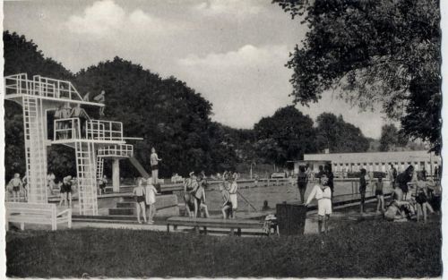 um 1950-60 Blomberg, Freibad / open air swimming pool, gezackter Rand,Carl Thöricht
