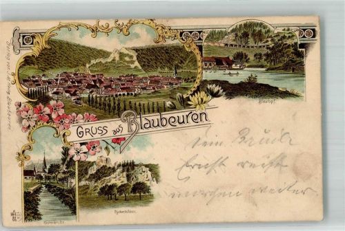 Blaubeuren 1898 Lithographie Blautopf Klosterkirche Rückerschloss