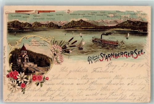 Berg 1898 Panorama des Starnberger Sees mit Karwendel- und Wettersteingebirge Votiv-Kapelle König Ludwig II Bodenseeschiff Verlag Zieher, Ottmar