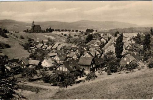 W6051 Goldlauter Heiderbach 1968 - Goldlauter Heiderbach, Ortsansicht mit Kirche,VEB Bild und Heimat Reichenbach