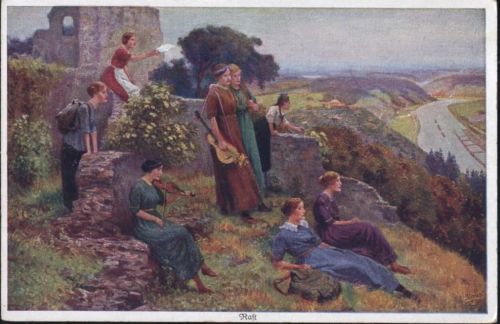 um 1910/20 Wandergruppe von Frauen bei der Rast, Musikinstrumente, Künstler-AK, No. 1143,Wohlgemuth & Liessner,sign. Rob. Kämmerer