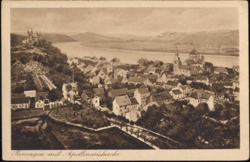 um 1920/30 Remagen, -mit Apollinariskirche-, Stadtansicht mit Fluss, Schloss, Burg,K.F.E.