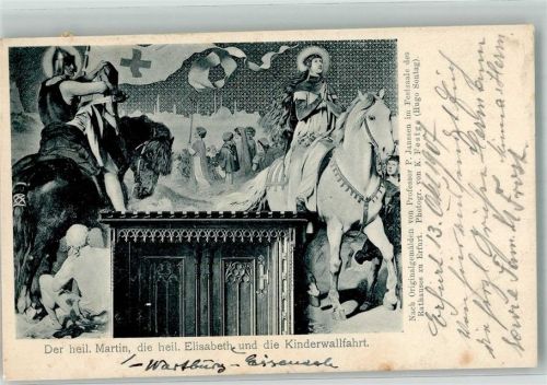 Erfurt 1907 sign. Prof. Janssen Der heilige Martin mit der heiligen Elisabeth führen den Kinderkreuzzug an Gemälde im Festsaal des Rathauses