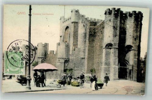Gand 1911 Marktszene Burg Gravensteen Marke bildseitig