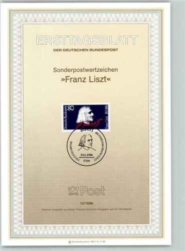 Ersttagsblatt Franz Liszt 1986 Format TK 87
