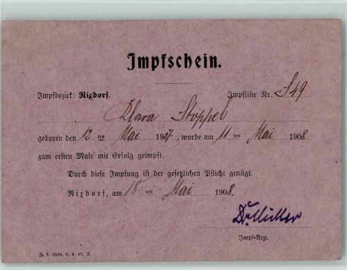 Rixdorf Impfschein Mai 1908