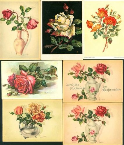Rosen auf Künstlerkarten Lot mit 16 AK, ca. 1930-1959; überwiegend gute Erhaltung, teils gelaufen