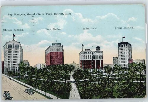 Detroit Panorama Straße Auto Fußgänger Baum