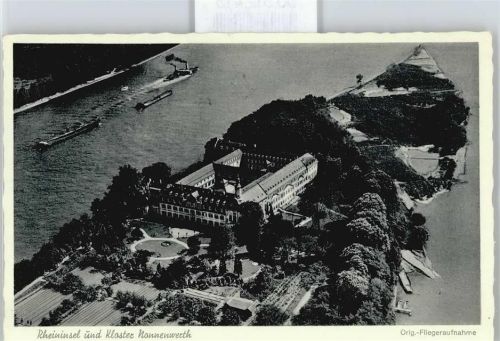 Nonnenwerth Insel Kloster Fluss Schiff Fliegeraufnahme