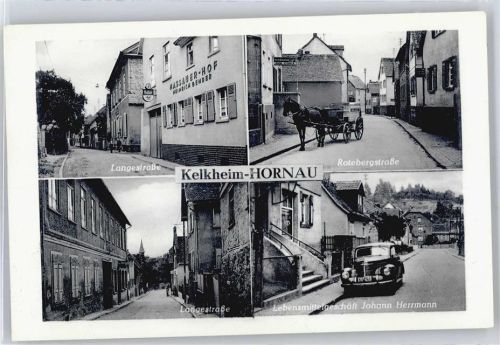 Kelkheim Langestrasse. Lebensmittelgeschäft Johann Herrmann, Rotebergstrasse, Pferdekutsche, Nassauer-Hof Inh. Heinrich Bender
