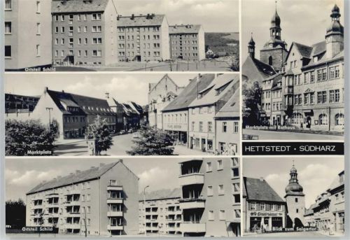 06333 O4270 Hettstedt , Sachs-Anh - Marktplatz , Litfaßsäule , Siedlung in Schild