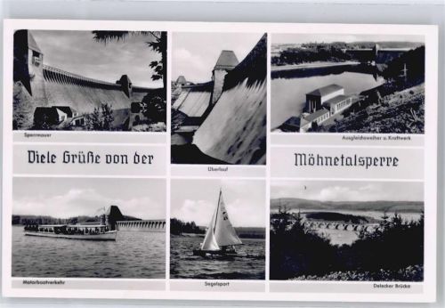 Möhnesee Sperrmauer, Möhnetalsperre, Ausgleichsweiher, Kraftwerk, Schiff, Delecker Brücke, Segelboot