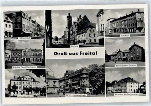 Freital HO-Kaufhaus, Rathaus, Kulturhaus, Bahnhof, Klubhaus der Bergarbeiter, Gaststätte Goldener Löwe, Haus der Jugend