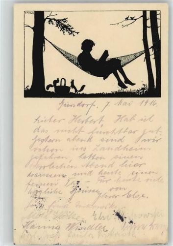 1916 E Nr. 39 Schattenbild Künstler sign Carus Hängematte
