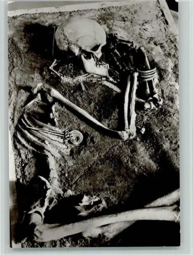 O4002 Halle (Saale) Landesmuseum für Vorgeschichte Grabungsbefund einer Frauenbestattung aus der frühen Eisenzeit Schmuckbeigaben Skelett Skelett