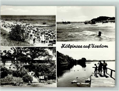 Kölpinsee Strandkörbe Kutter HO-Gaststätte "Seerose" Kölpinsee Schwäne 4-Bild-Aufnahme