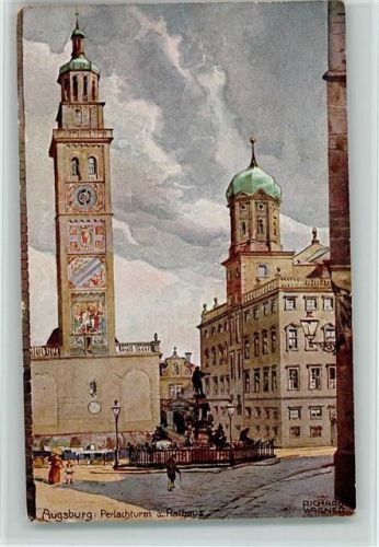 Augsburg Perlachturm und Rathaus sign. Richard Wagner Aquarell-Serie No. 4