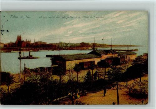 Köln Deutz 105 1906 Rheinpartie am Stapelhaus und Blick auf Deutz Rheinschiff