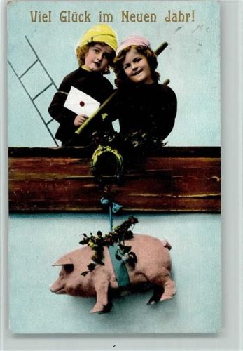 1910 Neujahr - Kinder mit einem Schwein und Hufeisen AK