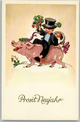 1950 Neujahr - Kind als Schornsteinfeger reitet ein Schwein, sehr gute Erhaltung AK
