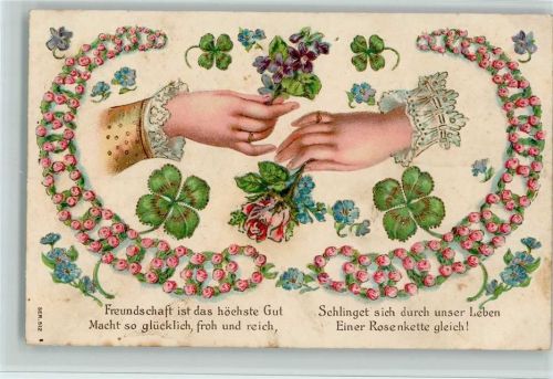 1906 Hände reichen sich, Rosengirlande, Kleeblätter - Freundschaft - Prägedruck