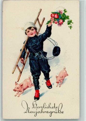 1930 Neujahr - Schornsteinfeger mit Schweinen, Leiter und Kehrbesen - Verlag L & P Serie 1896-IV AK
