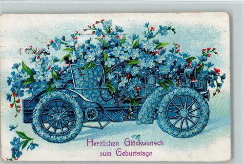 1911 Automobil aus Blüten - Vergissmeinicht - Geburtstag AK