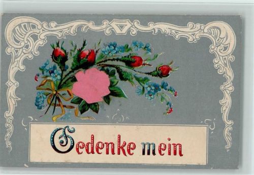 Gedenke mein - Rosen, Vergissmeinnicht, gestanzte Verzierung AK
