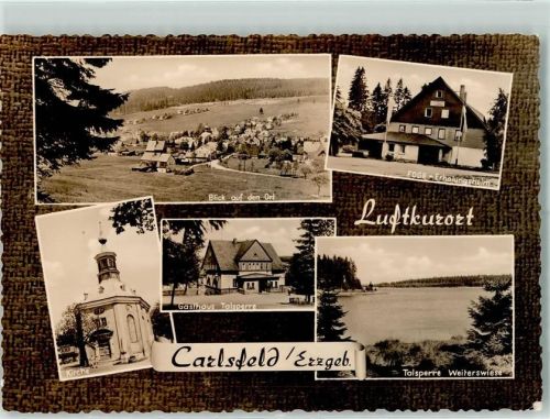 08309 O9404 Carlsfeld , Erzgeb - Blick auf den Ort FDGB-ERholungsheim Gasthaus Talsperre Kirche Talsperre Weiterswiese