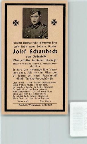 WK II Sterbebilder Obergefreiter gefallen 1943