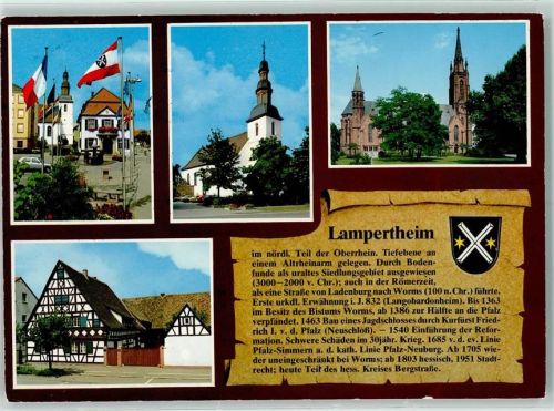 Lampertheim Rückseite mit Abschürfungen bzw Kleberesten Rathaus Kath. Kirche St. Andreas Ev. Dom Kirche Heimatmuseum