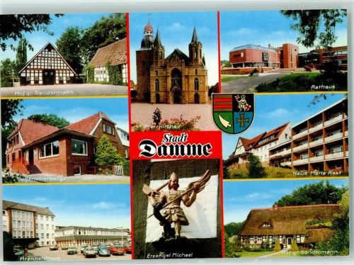 Damme Hof gr. Sandermann Jugendherberge Krankenhaus Pfarrkirche Erzengel Michael Rathaus Haus Maria Rast Rückseite mit Abschürfungen bzw Kleberesten