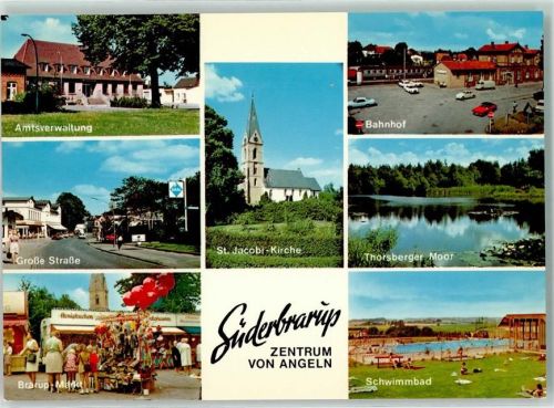 Süderbrarup Rückseite mit Abschürfungen bzw Kleberesten Amtsverw. Bahnhof Schwimmbad Marktszene