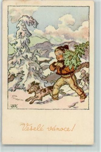 1949 Weihnachten Kind Hund Tannenbaum AK