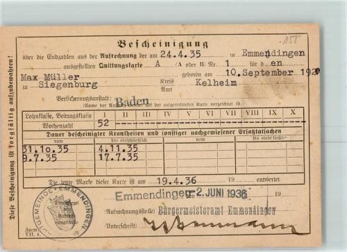 Emmendingen Bescheinigung über Endzahlen Quittungskarte Keine AK