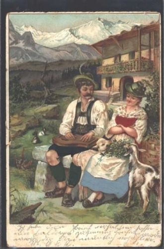 1902 AK mit Stoff Prägedruck Tracht Ziege AK