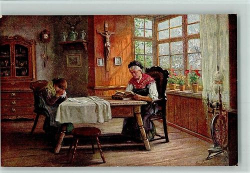 Bauernstube, Spinnrad, Frau beim Buch lesen AK Sign Horst - Moderne Meister Nr. 114 AK