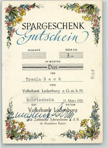 69198 W6905 Schriesheim Gebrauchsspuren Spargeschenk der Volksbank Ladenburg e.GmbH für Ursula Beck